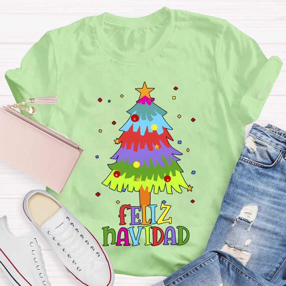 Feliz Navidad Colorful Christmas Tree Bilingual Teacher T-shirt
