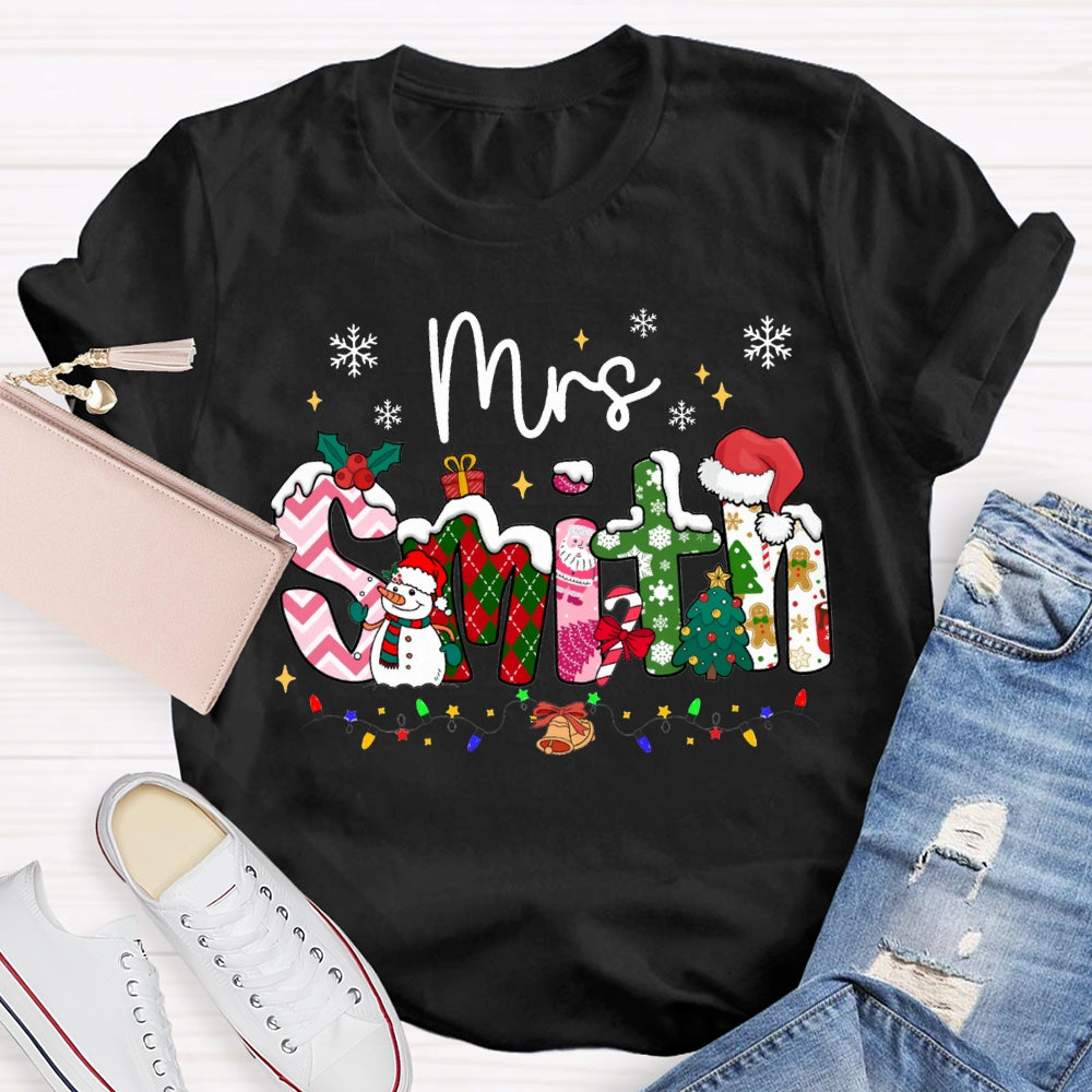 Personalized Name Christmas Vibes Fonts Christmas Lights And Snowflakes T-shirt
