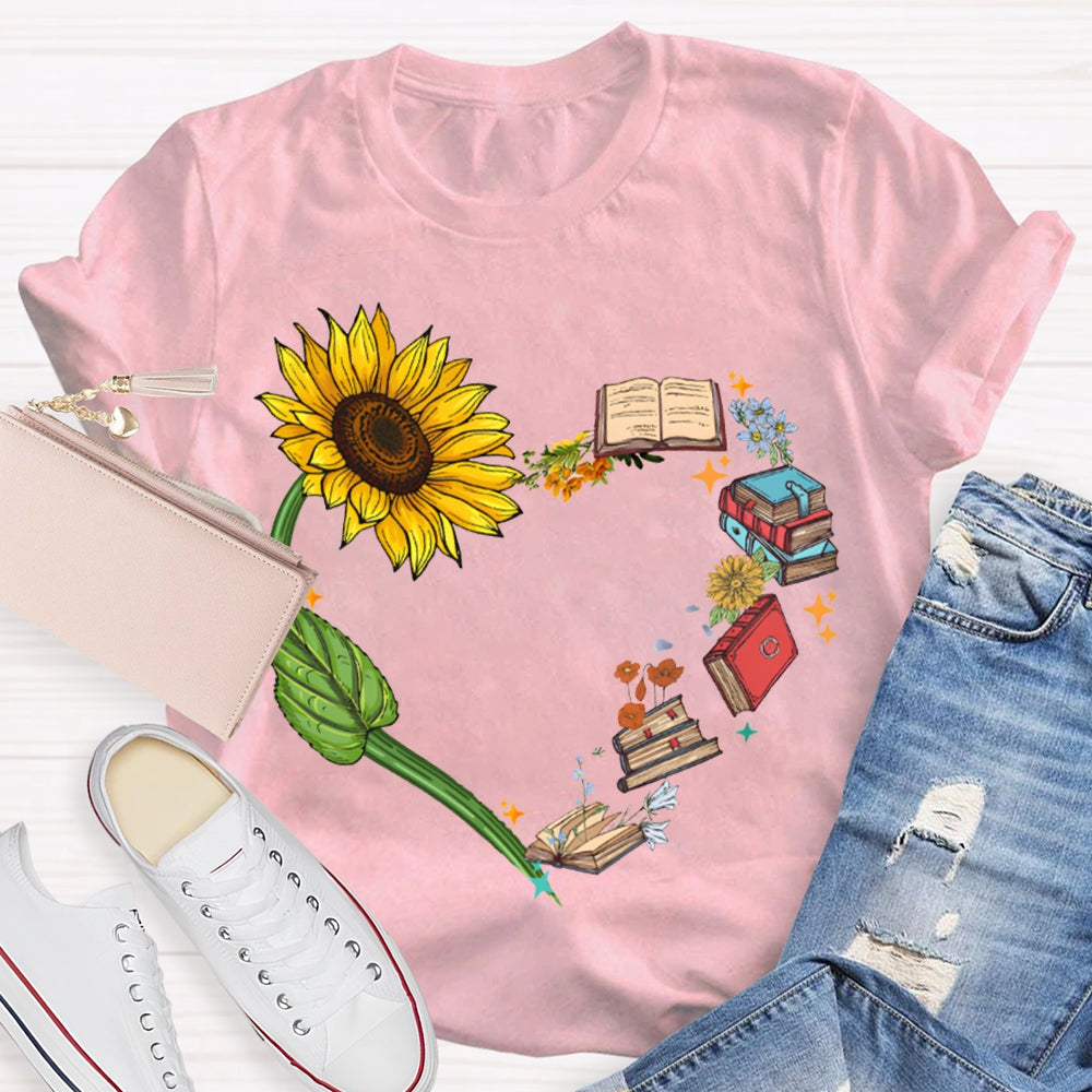 Sunflowers And Books Connected To A Heart T-shirt