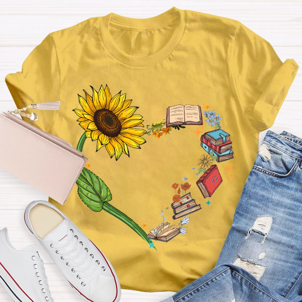 Sunflowers And Books Connected To A Heart T-shirt