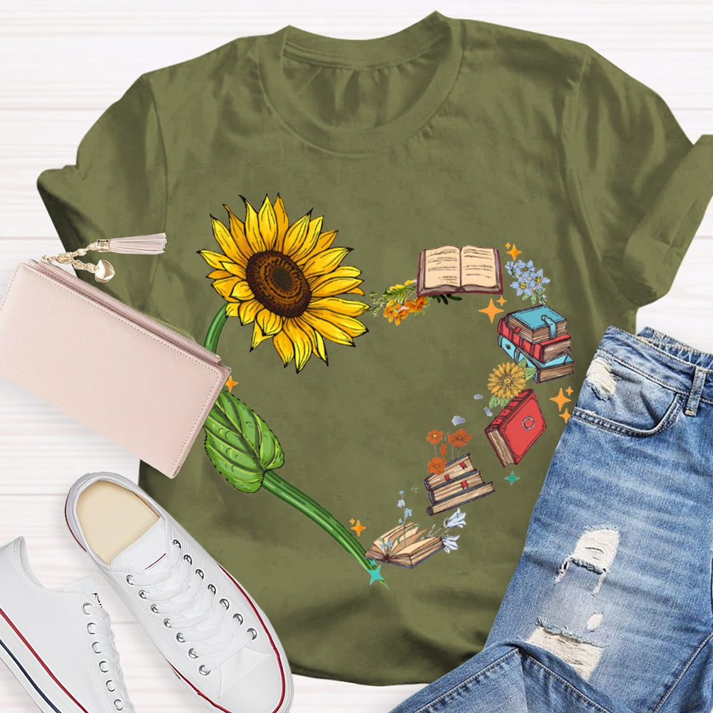 Sunflowers And Books Connected To A Heart T-shirt