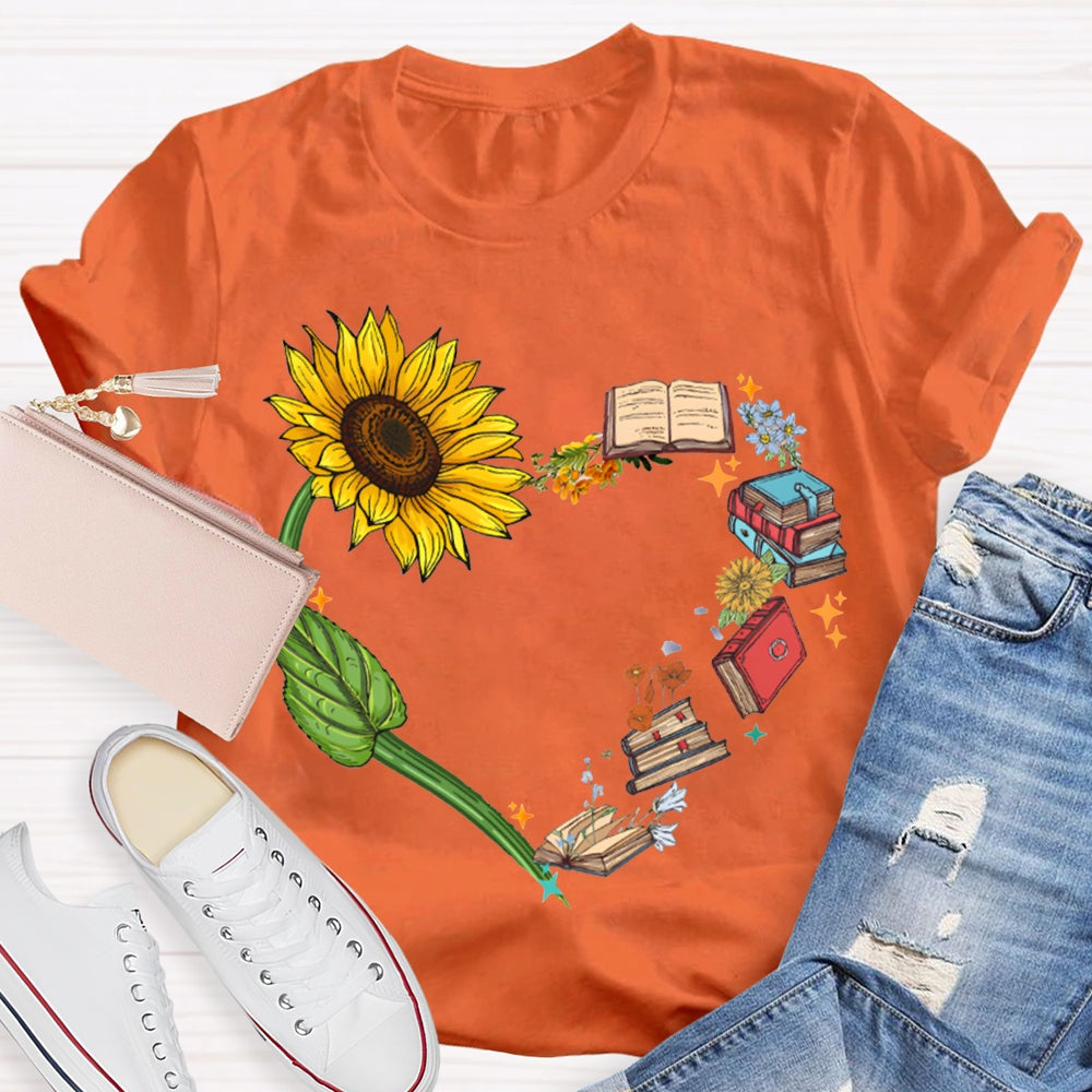 Sunflowers And Books Connected To A Heart T-shirt