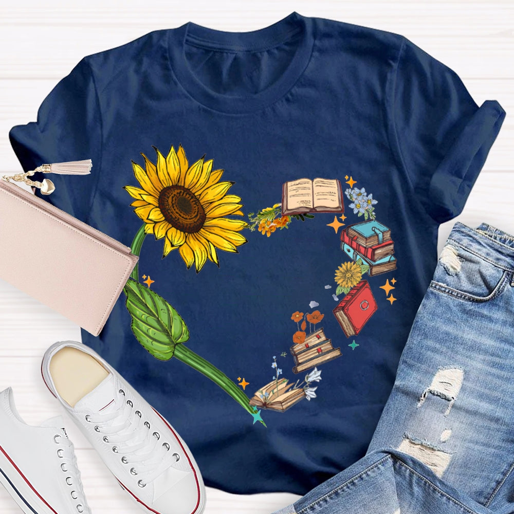 Sunflowers And Books Connected To A Heart T-shirt