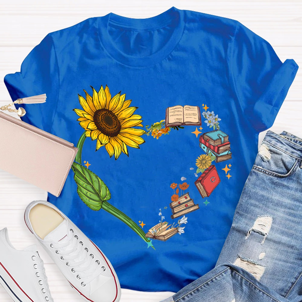 Sunflowers And Books Connected To A Heart T-shirt