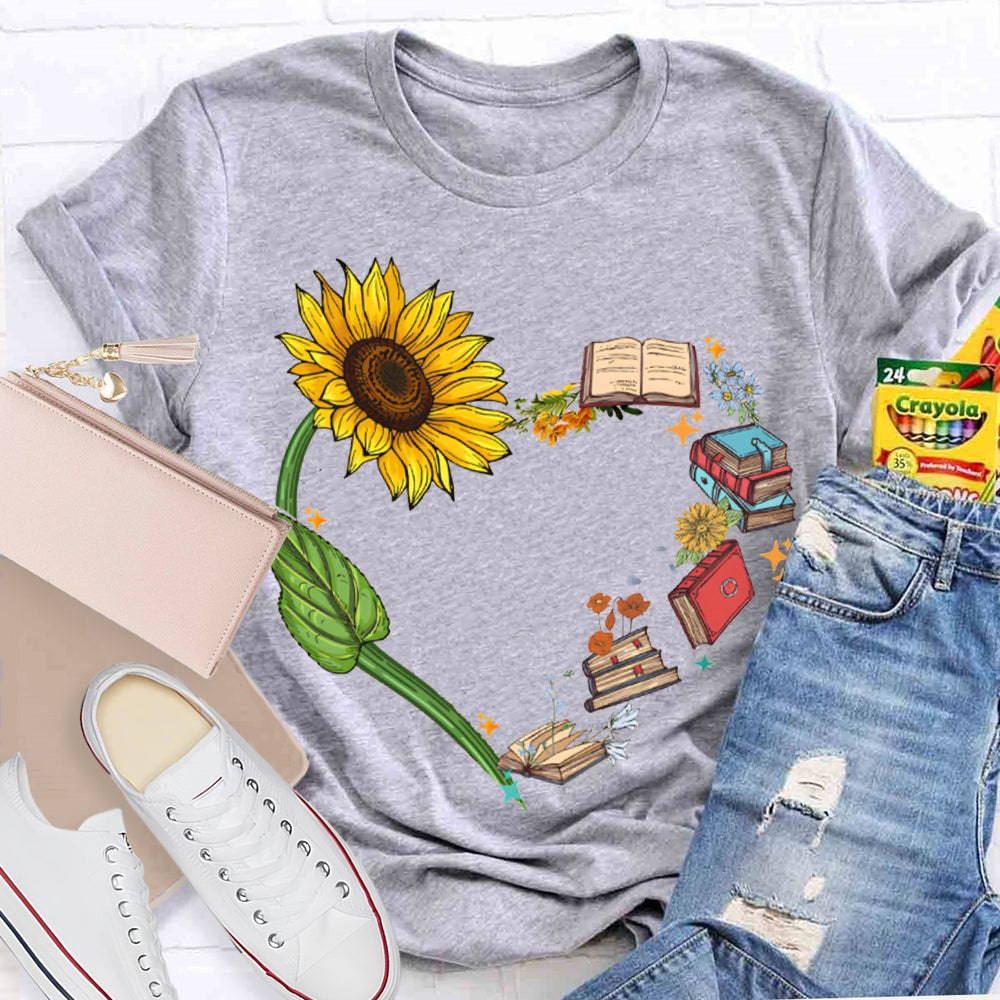 Sunflowers And Books Connected To A Heart T-shirt