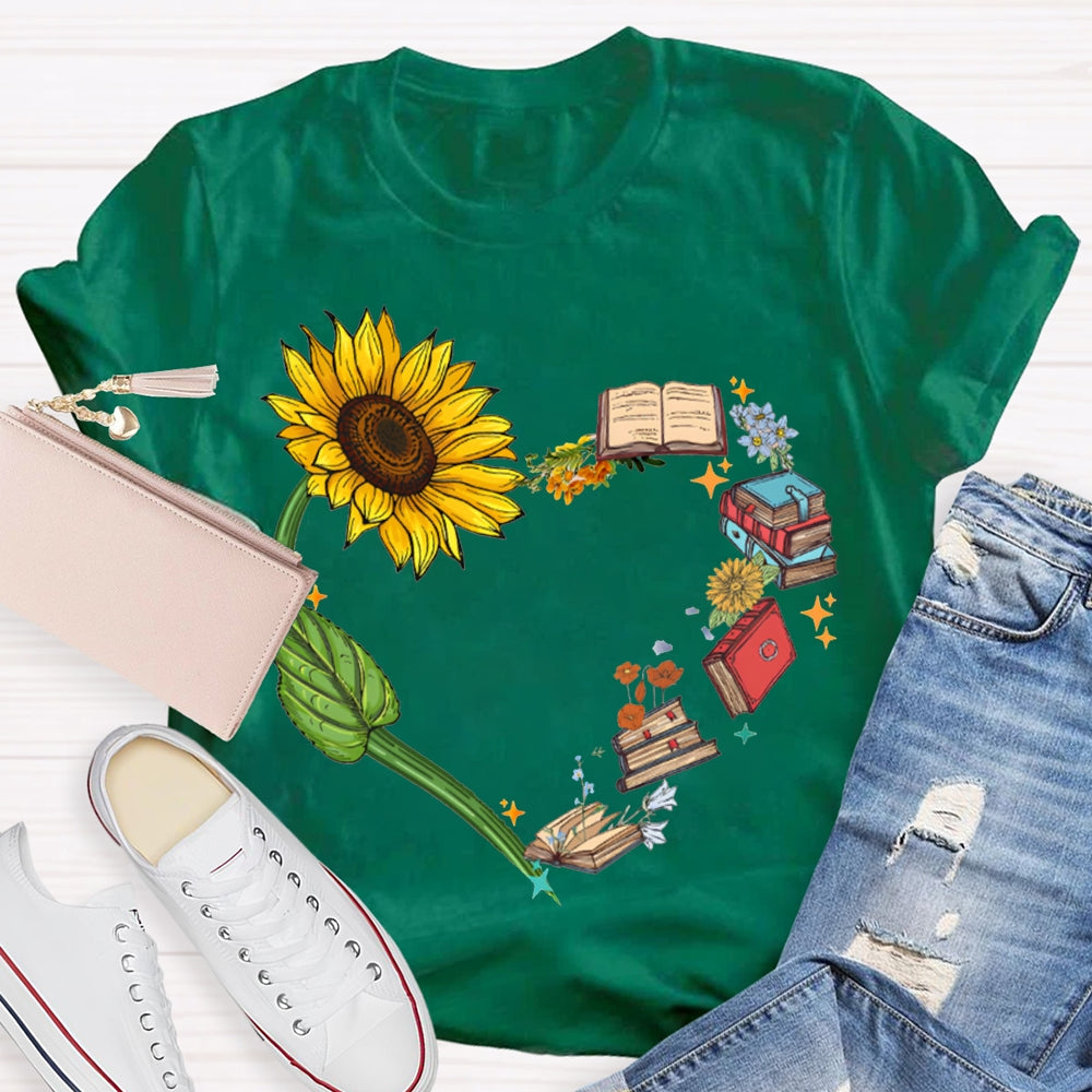 Sunflowers And Books Connected To A Heart T-shirt