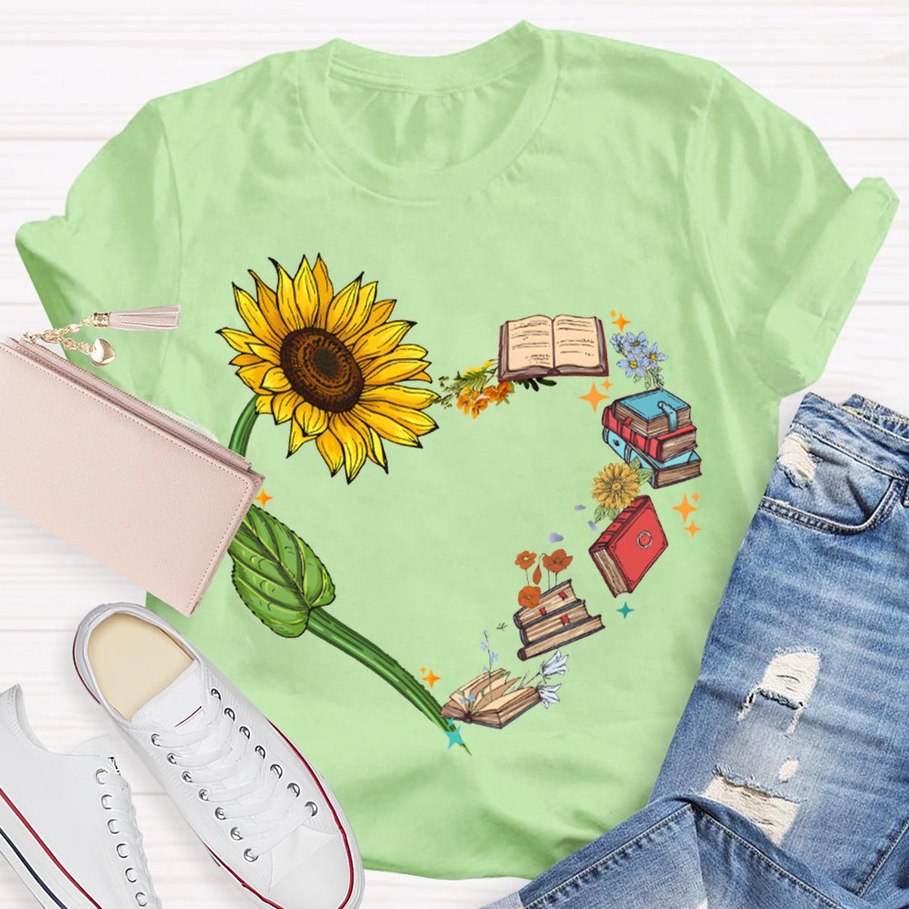 Sunflowers And Books Connected To A Heart T-shirt