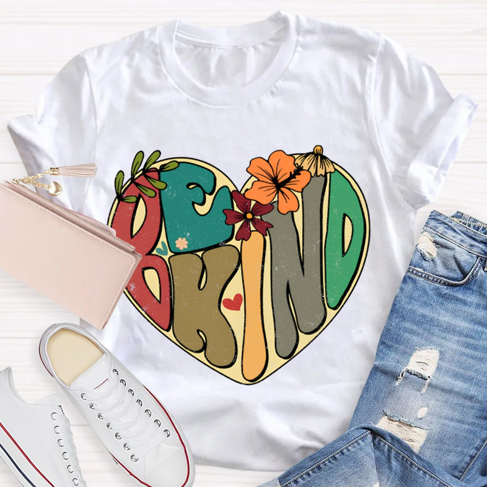 Be Kind Heart-Shaped Colorful Lettering Print T-shirt