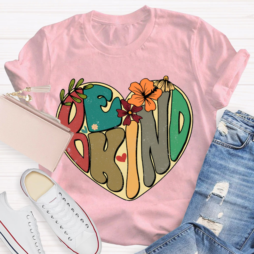Be Kind Heart-Shaped Colorful Lettering Print T-shirt