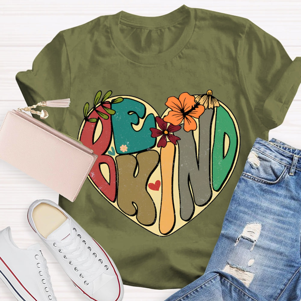 Be Kind Heart-Shaped Colorful Lettering Print T-shirt