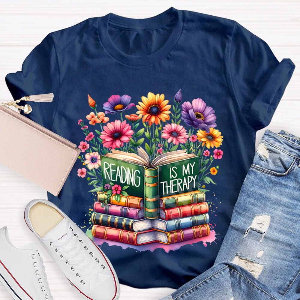 Reading Is My Therapy Colorful Flowers And Books T-shirt