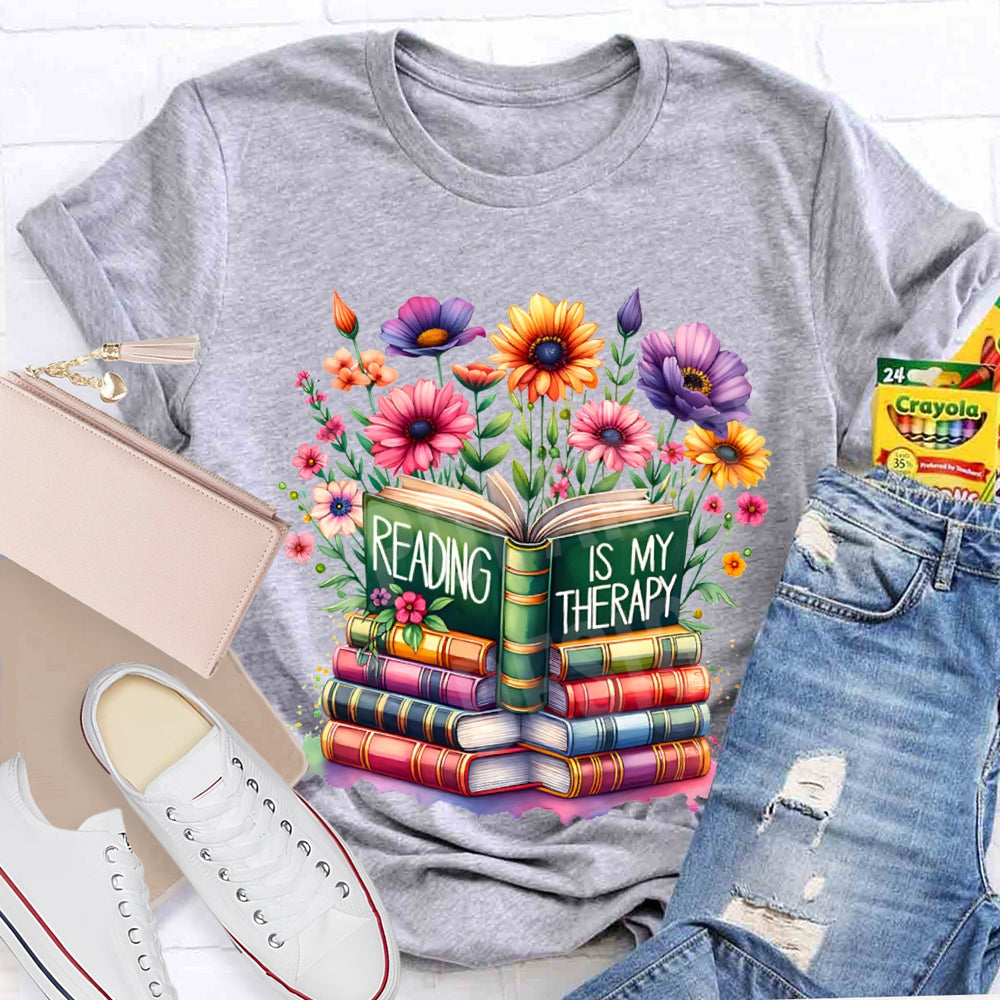 Reading Is My Therapy Colorful Flowers And Books T-shirt