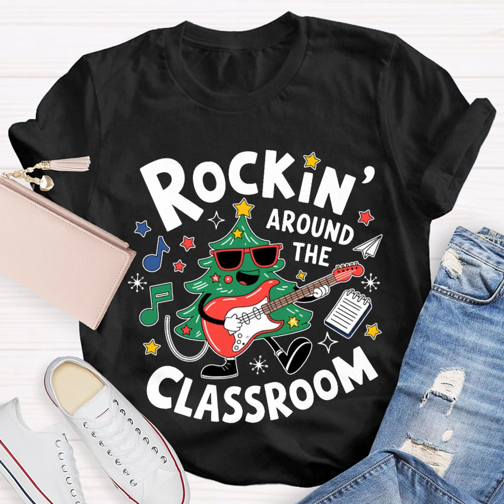Rockin Around The Classroom A Christmas Tree Playing Guitar Music Teacher T-shirt