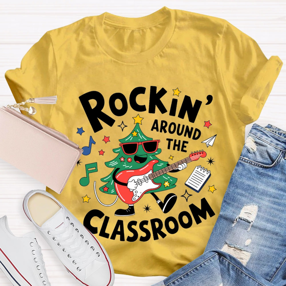 Rockin Around The Classroom A Christmas Tree Playing Guitar Music Teacher T-shirt