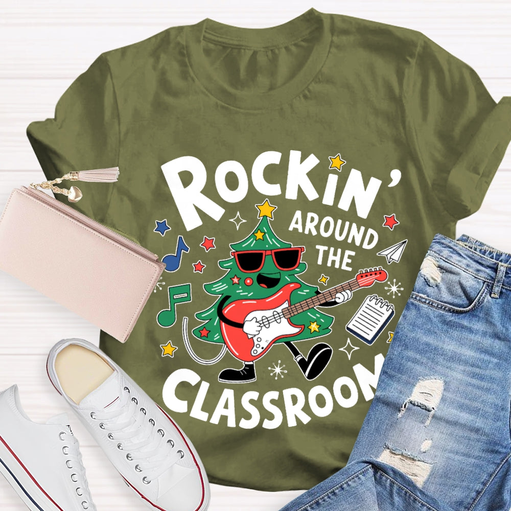 Rockin Around The Classroom A Christmas Tree Playing Guitar Music Teacher T-shirt