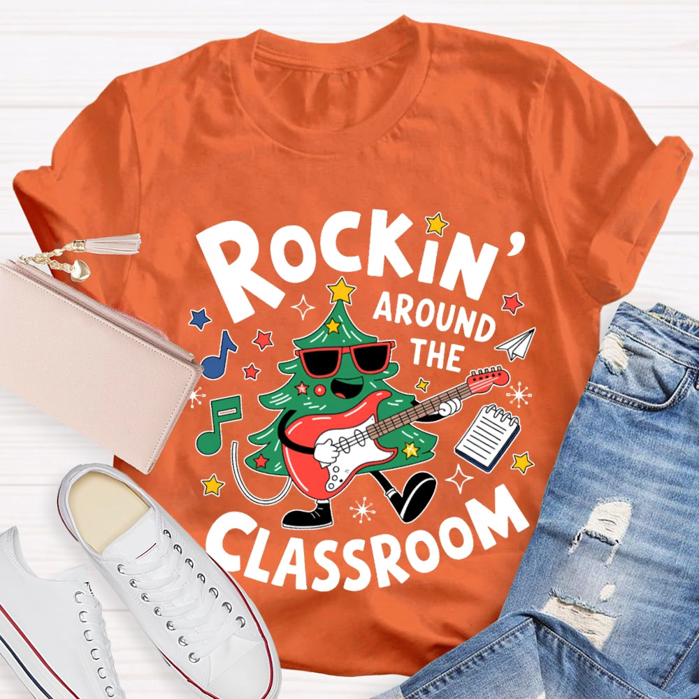 Rockin Around The Classroom A Christmas Tree Playing Guitar Music Teacher T-shirt