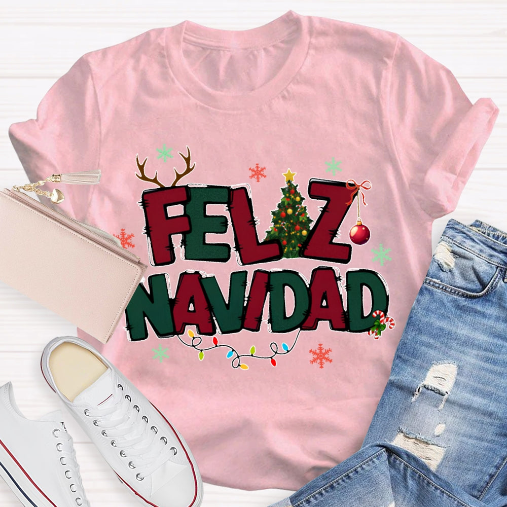 Feliz Navidad Colorful Lettering And Christmas Lights Bilingual Teachers Christmas T-shirt