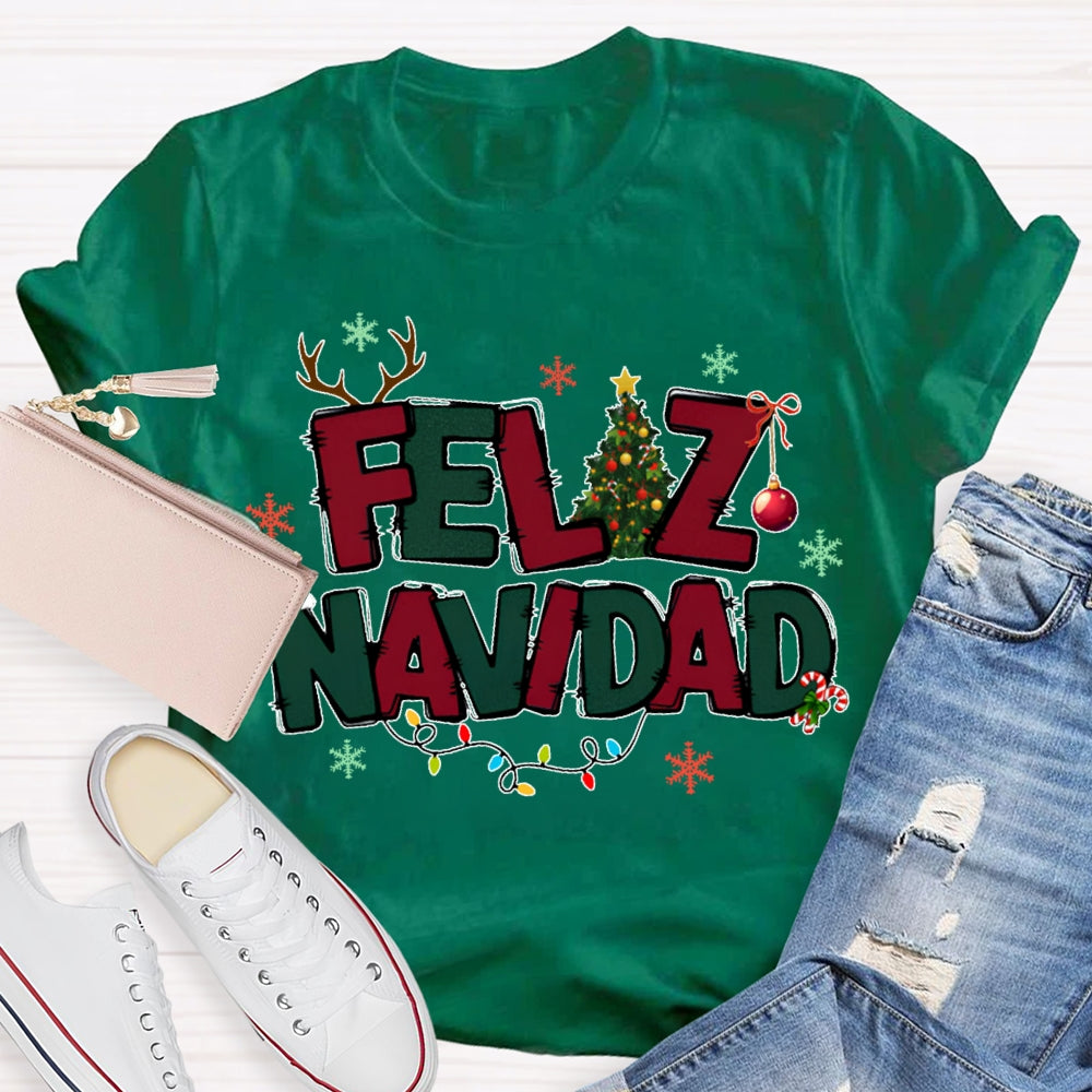 Feliz Navidad Colorful Lettering And Christmas Lights Bilingual Teachers Christmas T-shirt