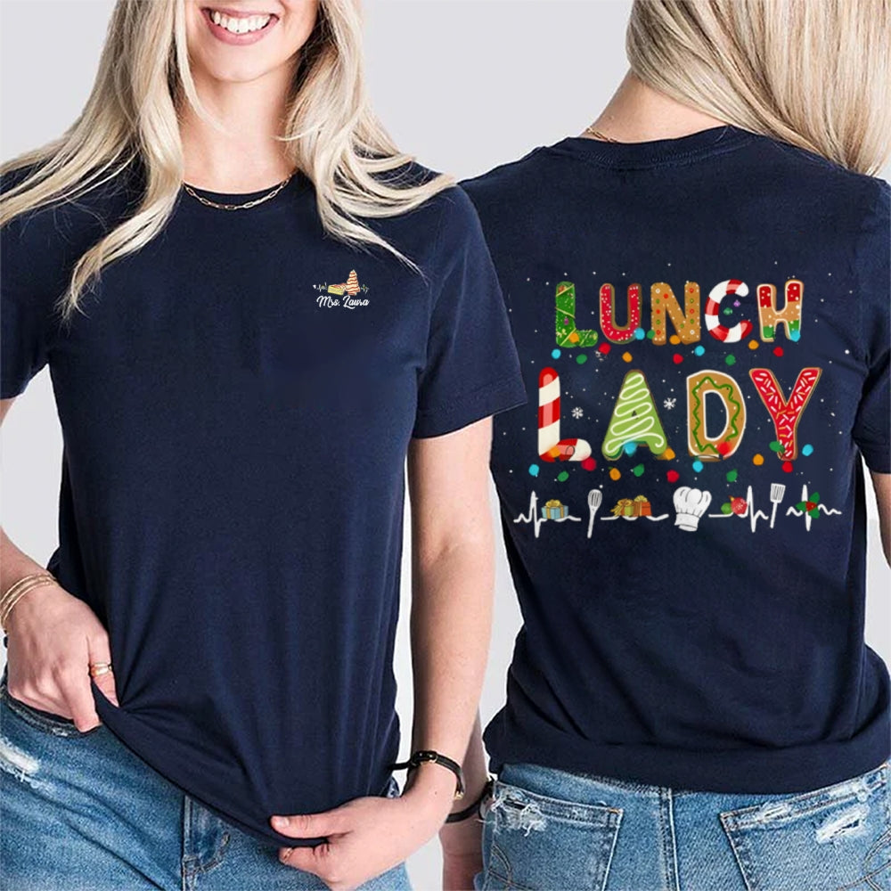 Personalized Name Lunch Lady Christmas Vibes Fonts Double Printed T-shirt