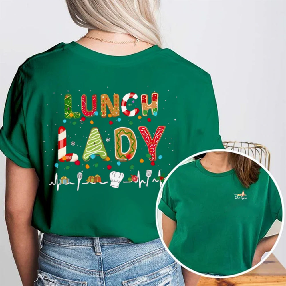 Personalized Name Lunch Lady Christmas Vibes Fonts Double Printed T-shirt