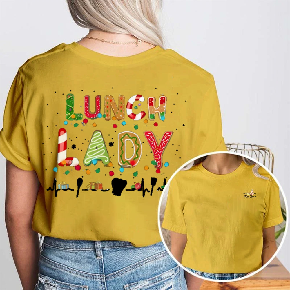 Personalized Name Lunch Lady Christmas Vibes Fonts Double Printed T-shirt