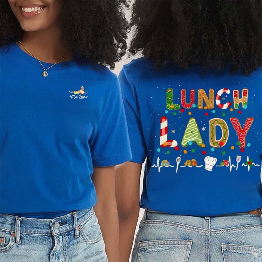 Personalized Name Lunch Lady Christmas Vibes Fonts Double Printed T-shirt