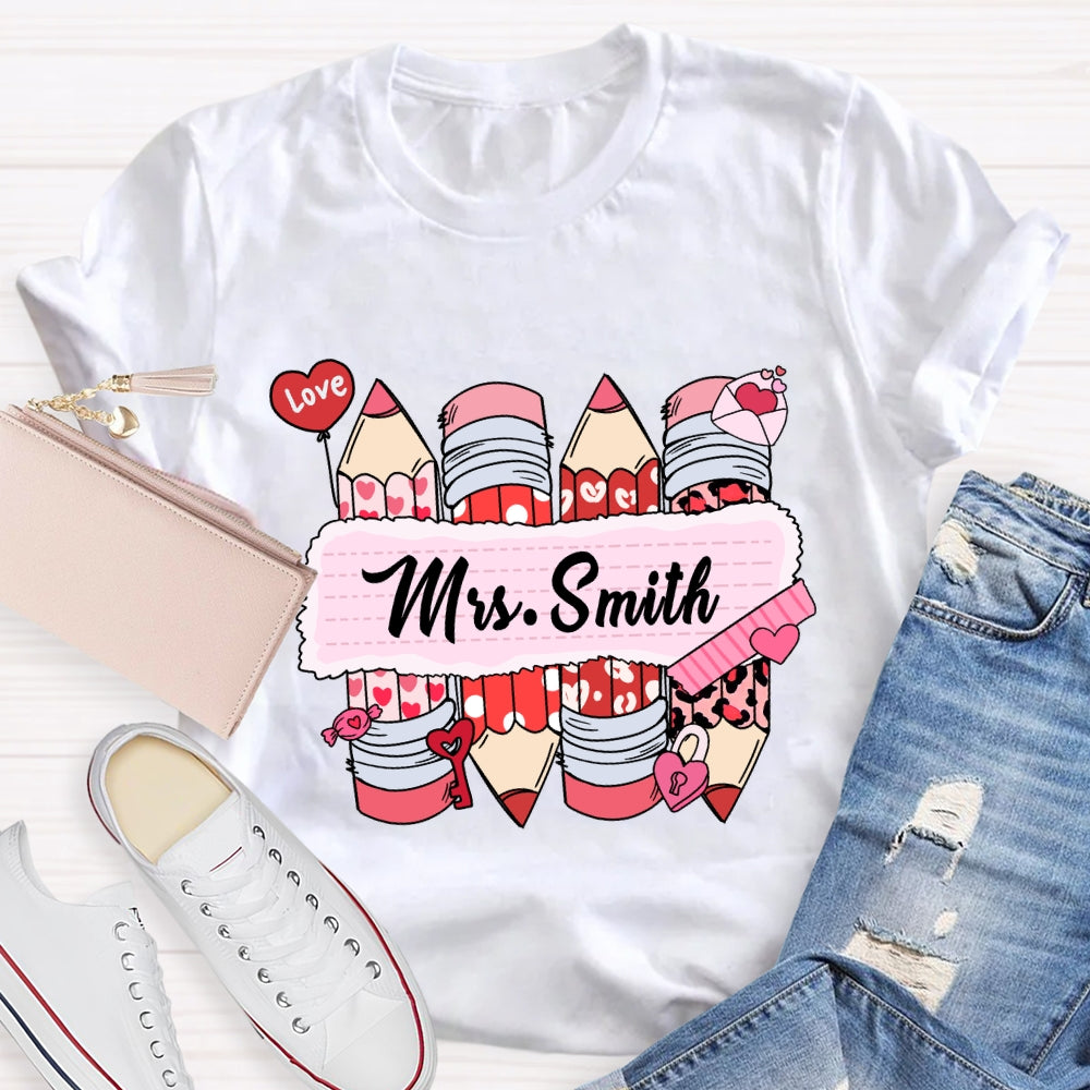 Personalized Name Pink Heart Pencil Valentine'S Day T-Shirt
