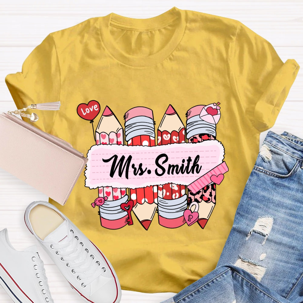 Personalized Name Pink Heart Pencil Valentine'S Day T-Shirt