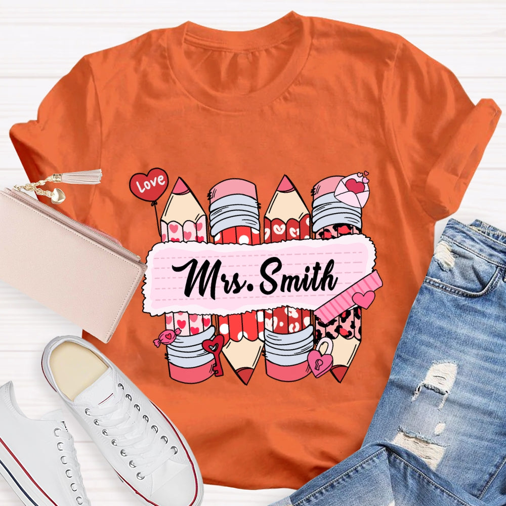Personalized Name Pink Heart Pencil Valentine'S Day T-Shirt