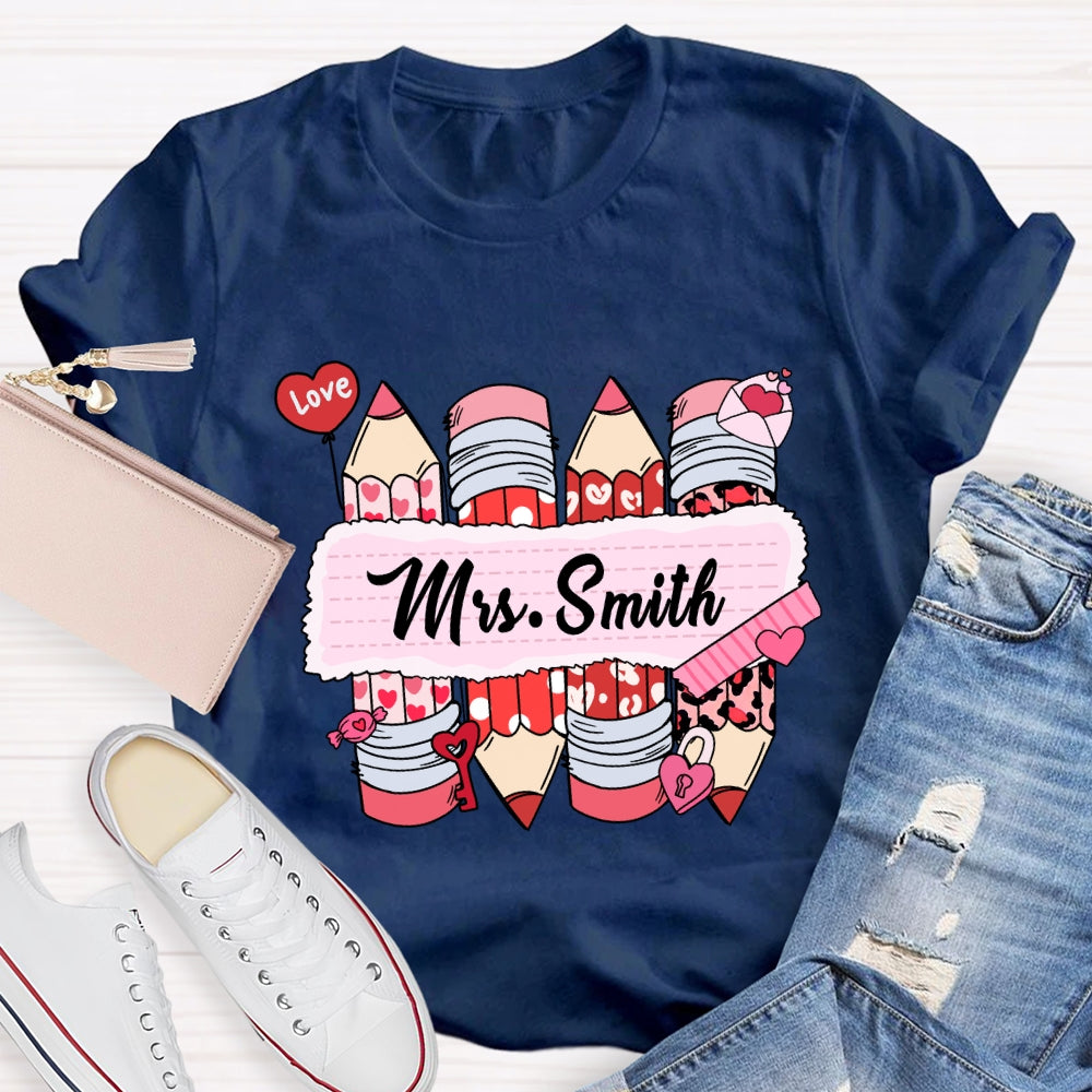 Personalized Name Pink Heart Pencil Valentine'S Day T-Shirt