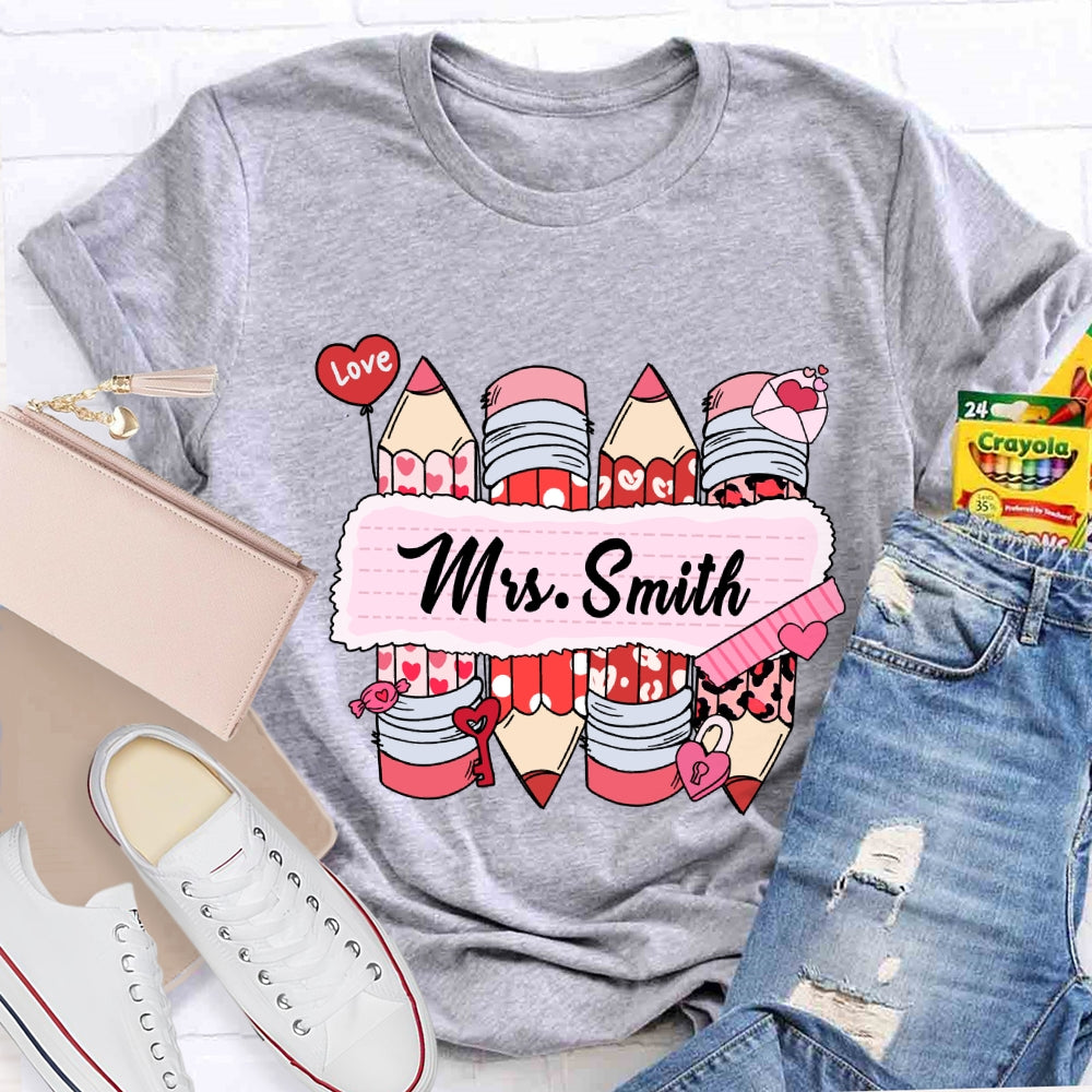 Personalized Name Pink Heart Pencil Valentine'S Day T-Shirt