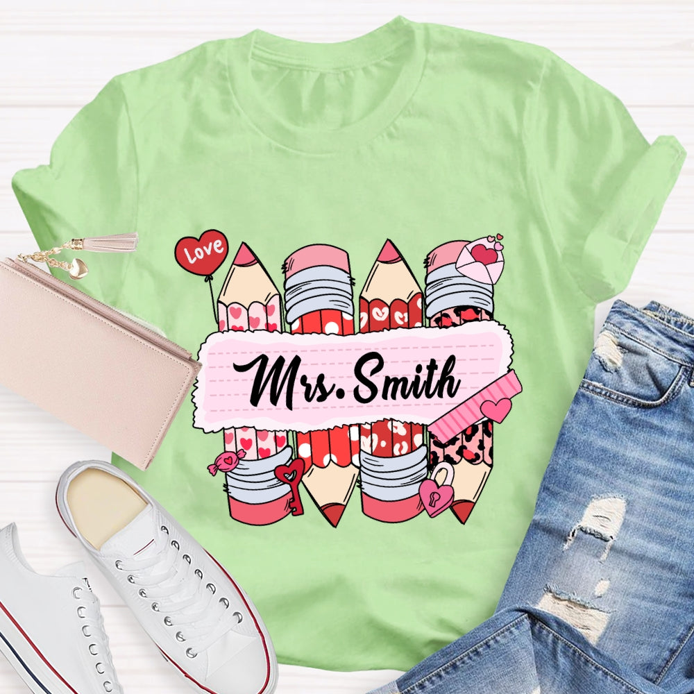 Personalized Name Pink Heart Pencil Valentine'S Day T-Shirt