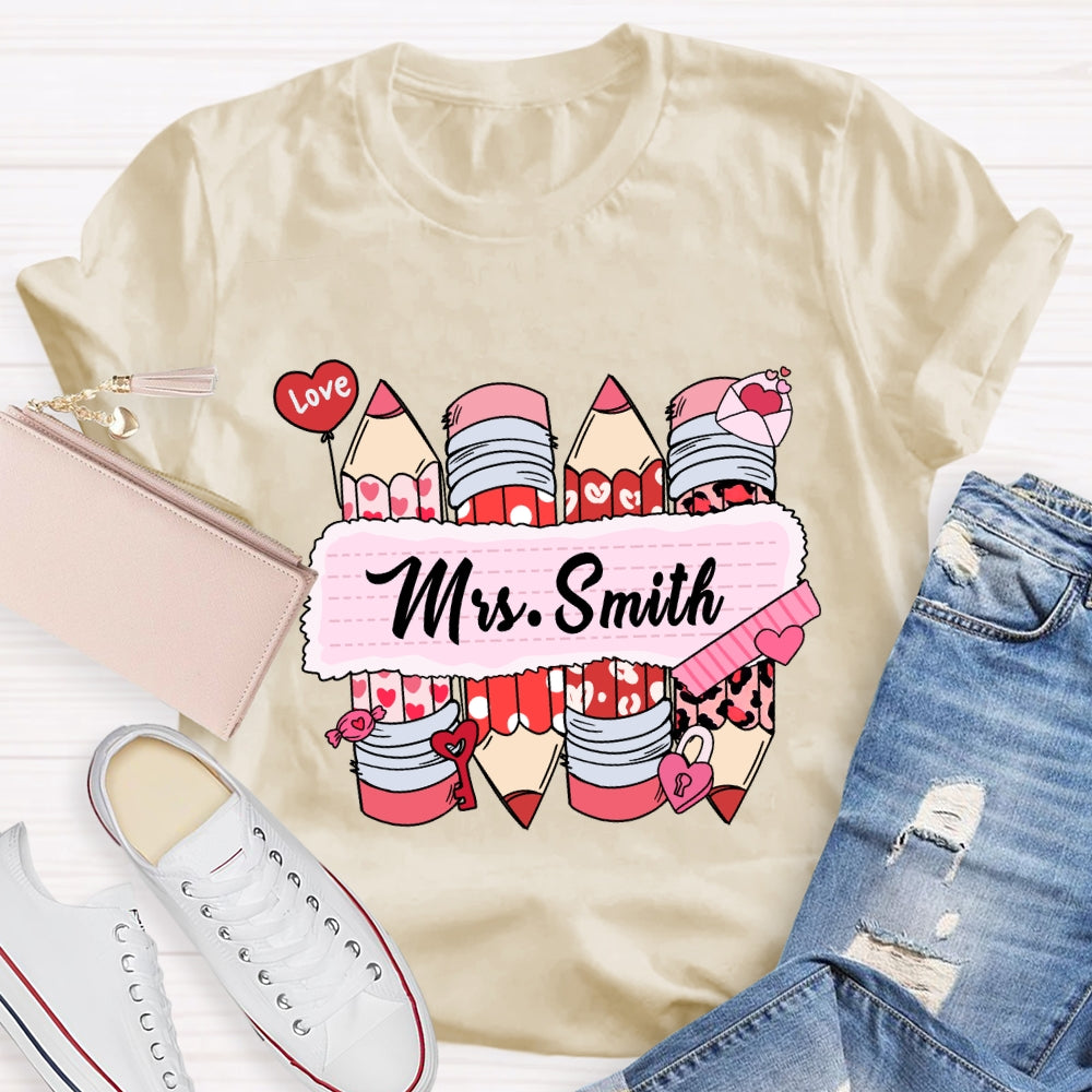 Personalized Name Pink Heart Pencil Valentine'S Day T-Shirt