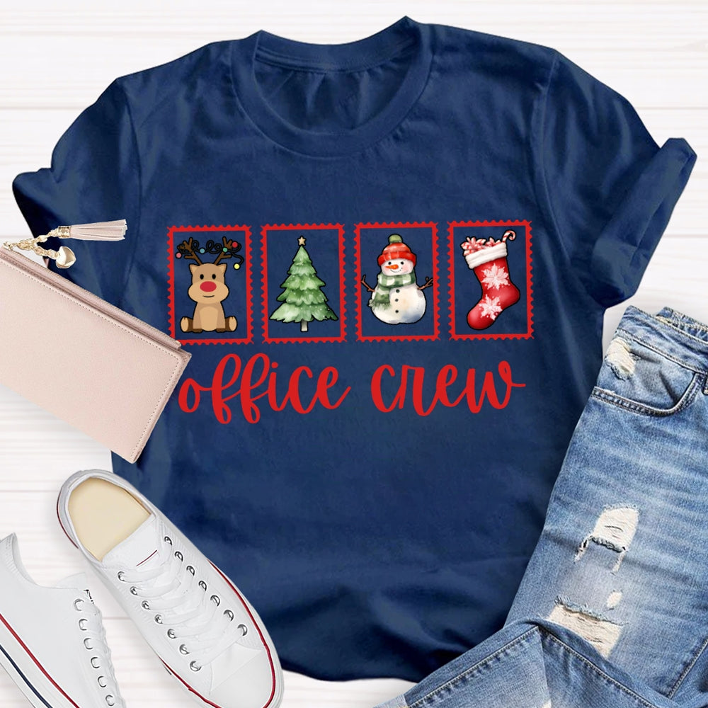 Office Crew Christmas Tree Snowman And Christmas Stocking T-shirt