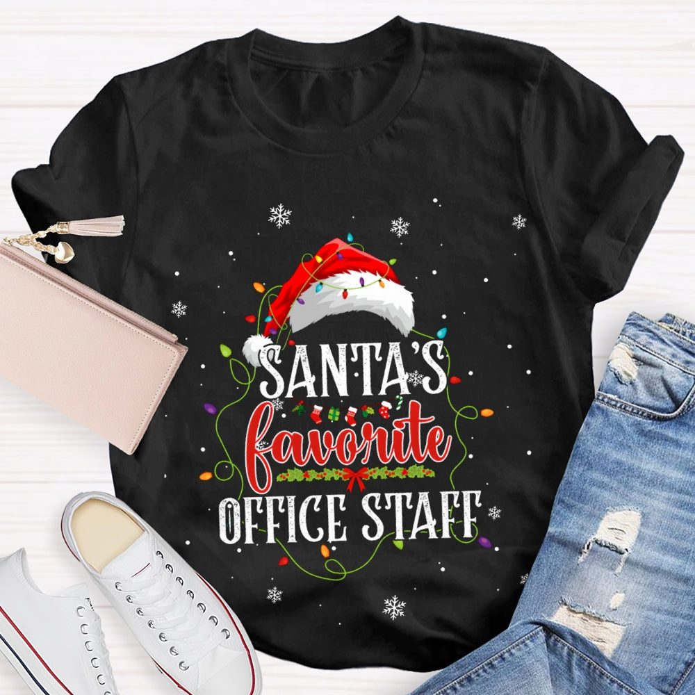 Santa'S Favorite Office Staff Santa Hats And Christmas Lights T-shirt