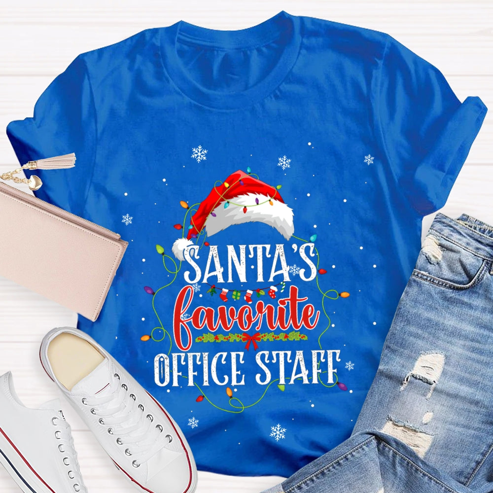 Santa'S Favorite Office Staff Santa Hats And Christmas Lights T-shirt