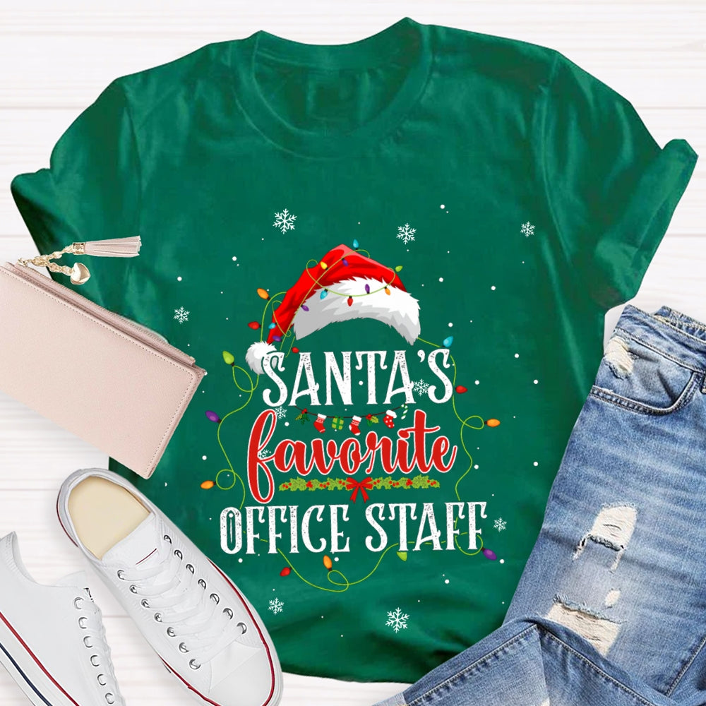 Santa'S Favorite Office Staff Santa Hats And Christmas Lights T-shirt