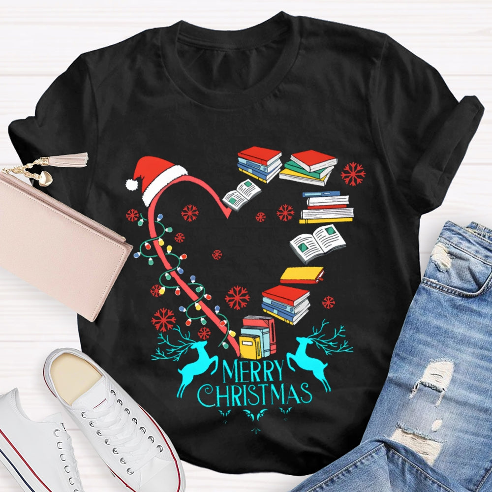 Christmas Heart Books Merry Christmas Snowflakes And Santa Hats T-shirt