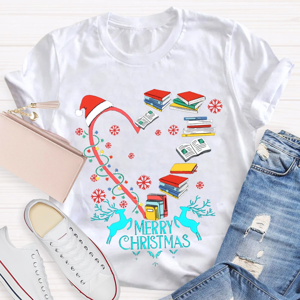 Christmas Heart Books Merry Christmas Snowflakes And Santa Hats T-shirt