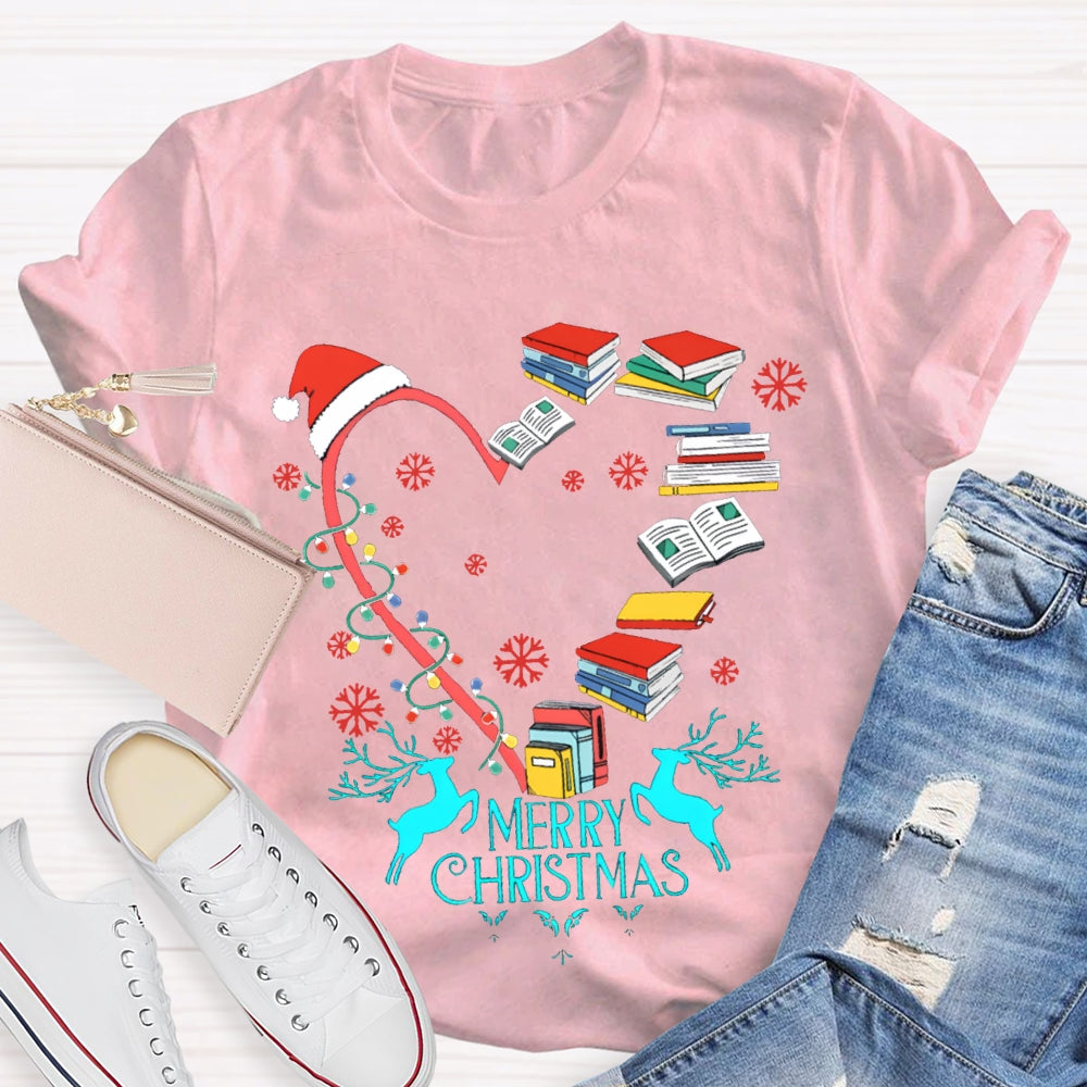 Christmas Heart Books Merry Christmas Snowflakes And Santa Hats T-shirt