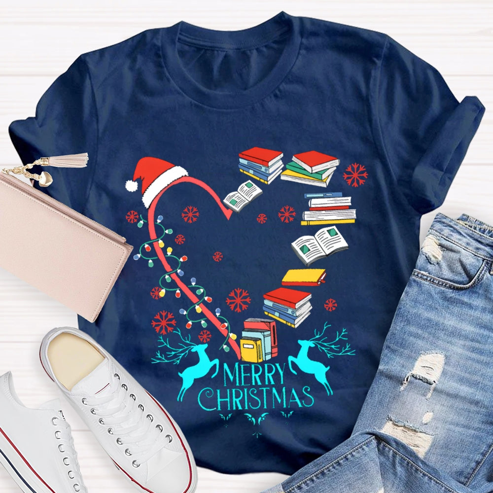 Christmas Heart Books Merry Christmas Snowflakes And Santa Hats T-shirt