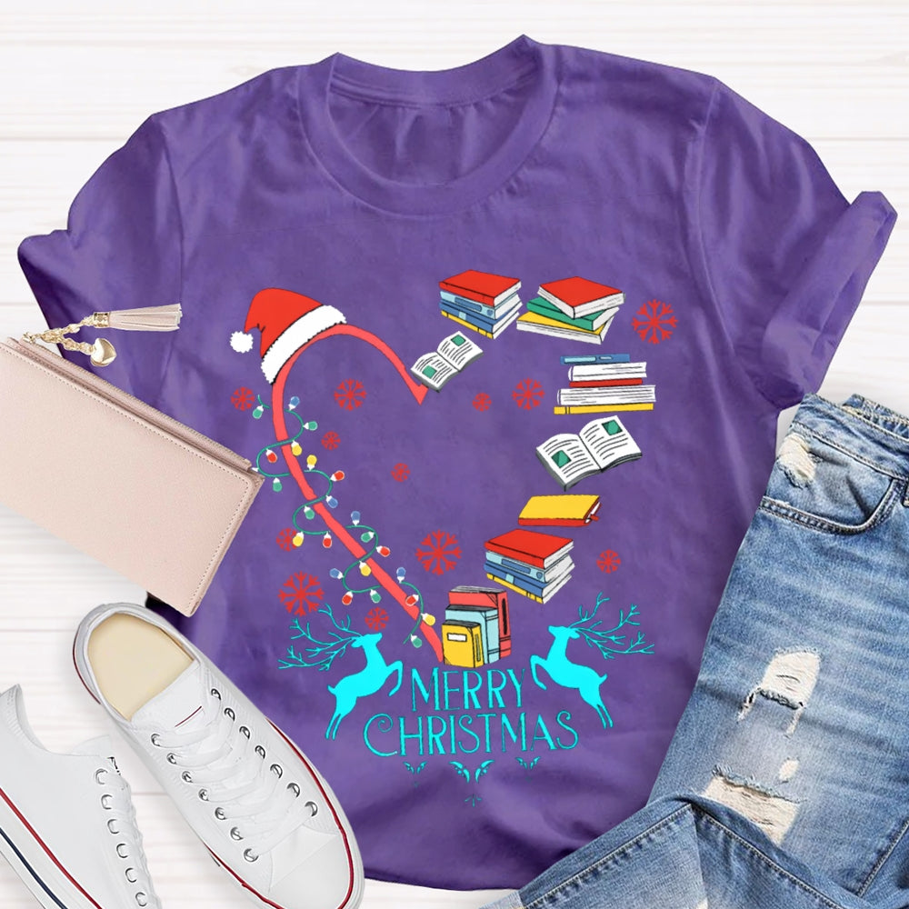 Christmas Heart Books Merry Christmas Snowflakes And Santa Hats T-shirt