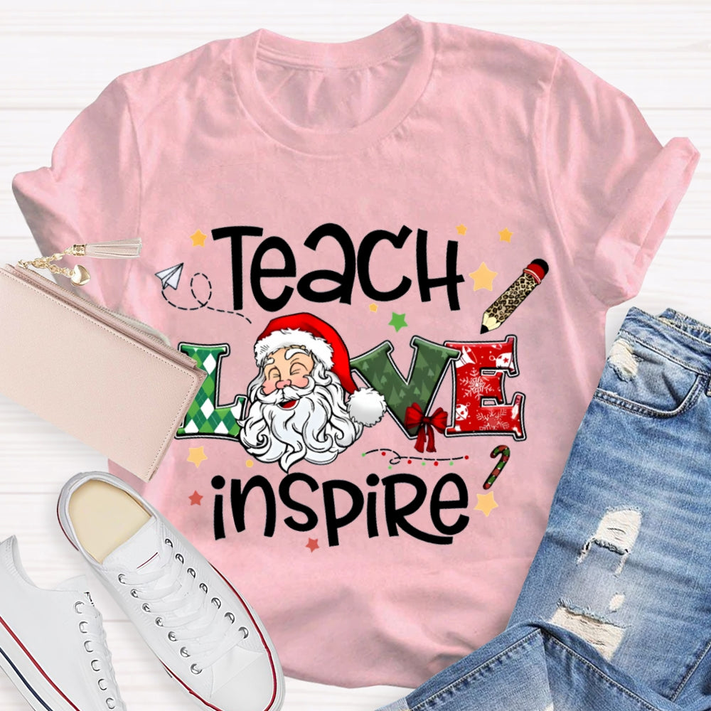 Teach Love Inspire Santa Claus And Star Prints T-shirt