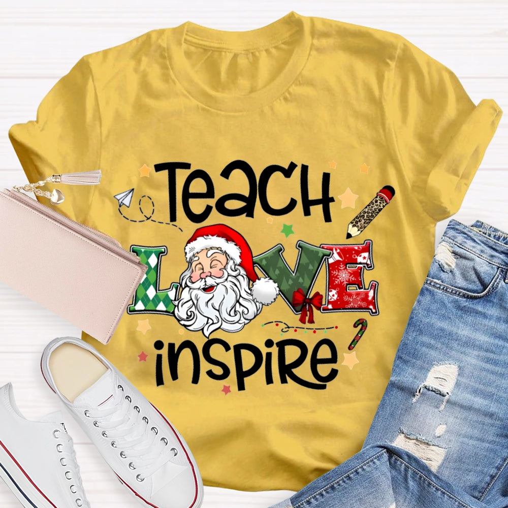 Teach Love Inspire Santa Claus And Star Prints T-shirt
