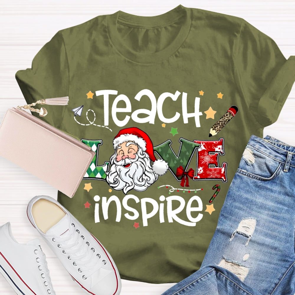 Teach Love Inspire Santa Claus And Star Prints T-shirt