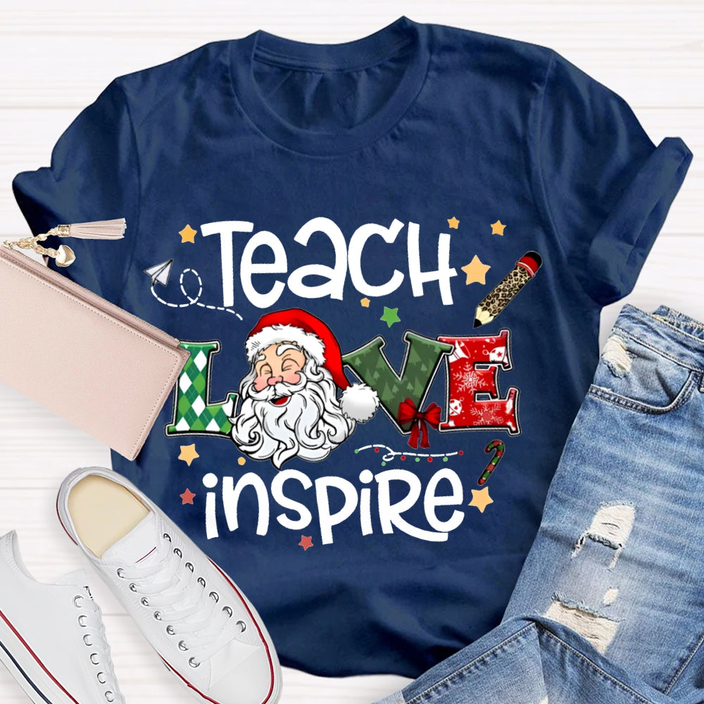 Teach Love Inspire Santa Claus And Star Prints T-shirt