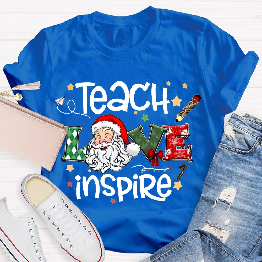 Teach Love Inspire Santa Claus And Star Prints T-shirt