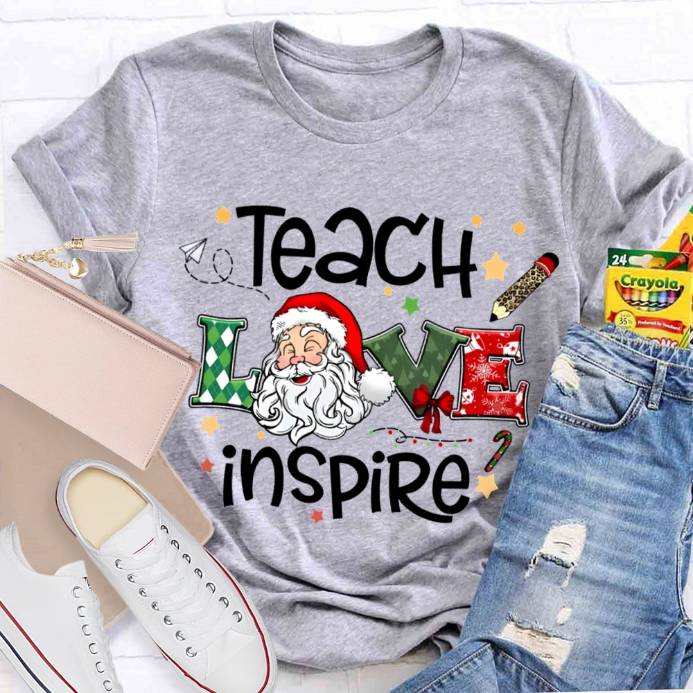 Teach Love Inspire Santa Claus And Star Prints T-shirt