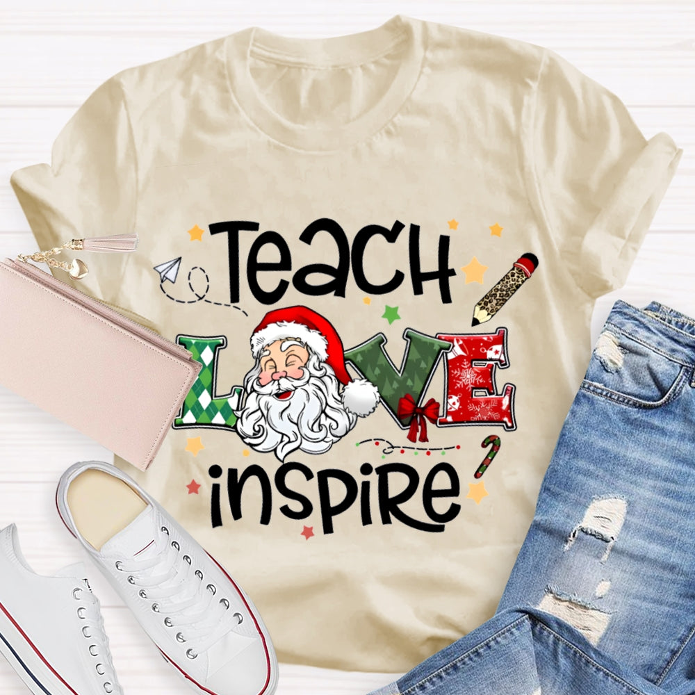Teach Love Inspire Santa Claus And Star Prints T-shirt