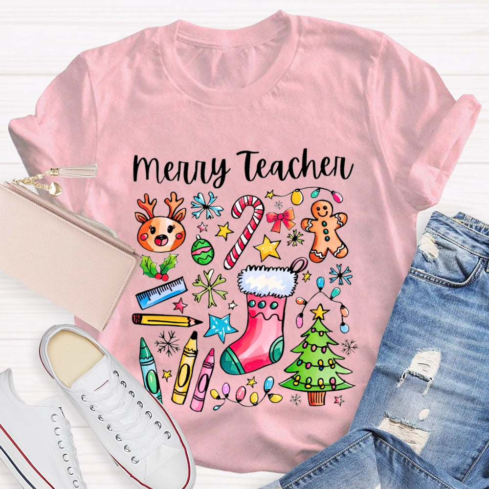 Merry Teacher Christmas Lights And Crayons Christmas Vibes T-shirt